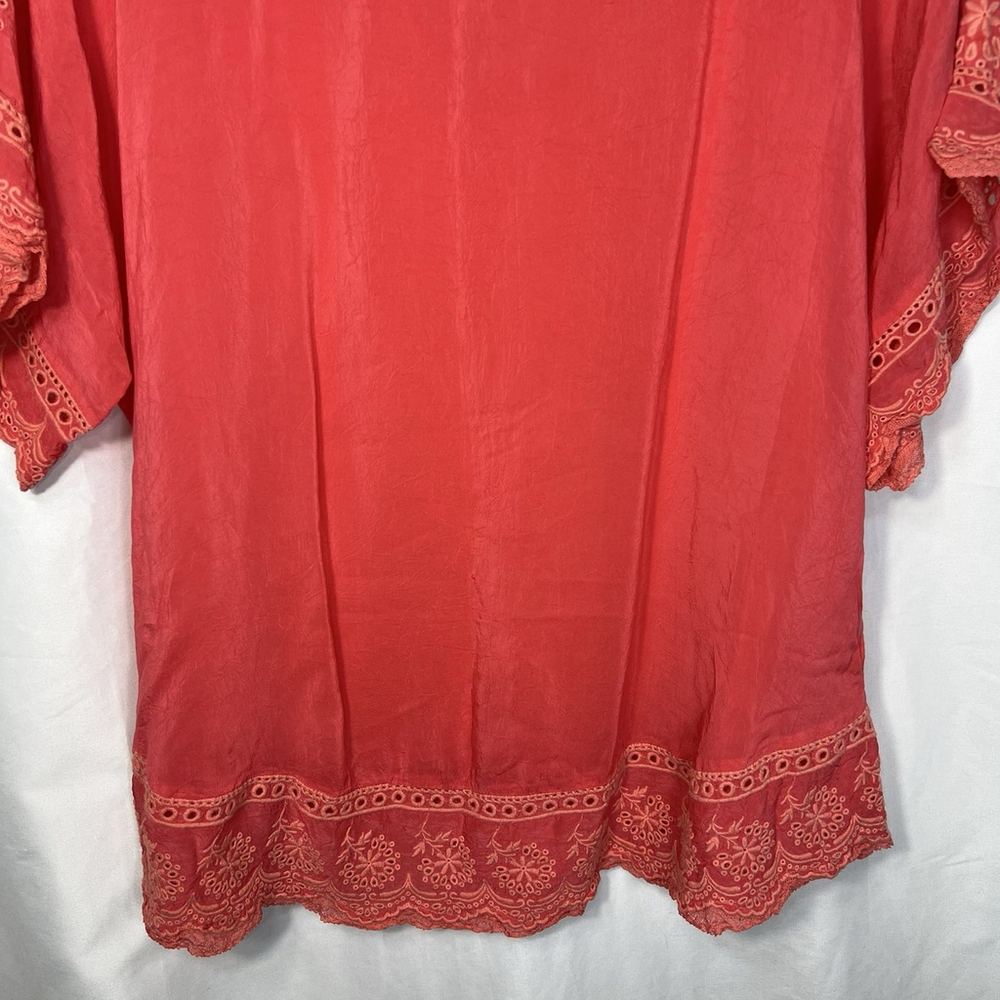 Johnny Was Women’s Embroidered Floral Blouse Coral Short Sleeves M Semi-Sheer - Picture 3 of 12